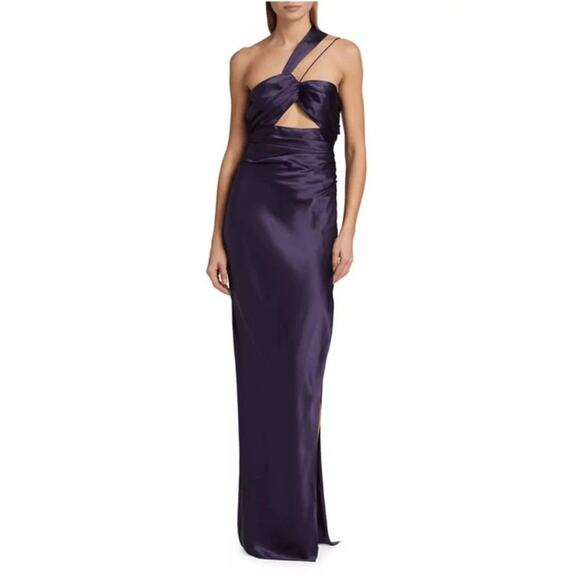 THE SEI Silk Asymmetrical Bandeau One-shoulder Cut Out Gown Fig Purple size 8 - Picture 11 of 11